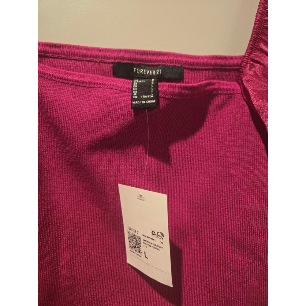 Women's FOREVER 21 Fuchsia Ribbed Puff Sleeve Crop Top L - Picture 2 of 3